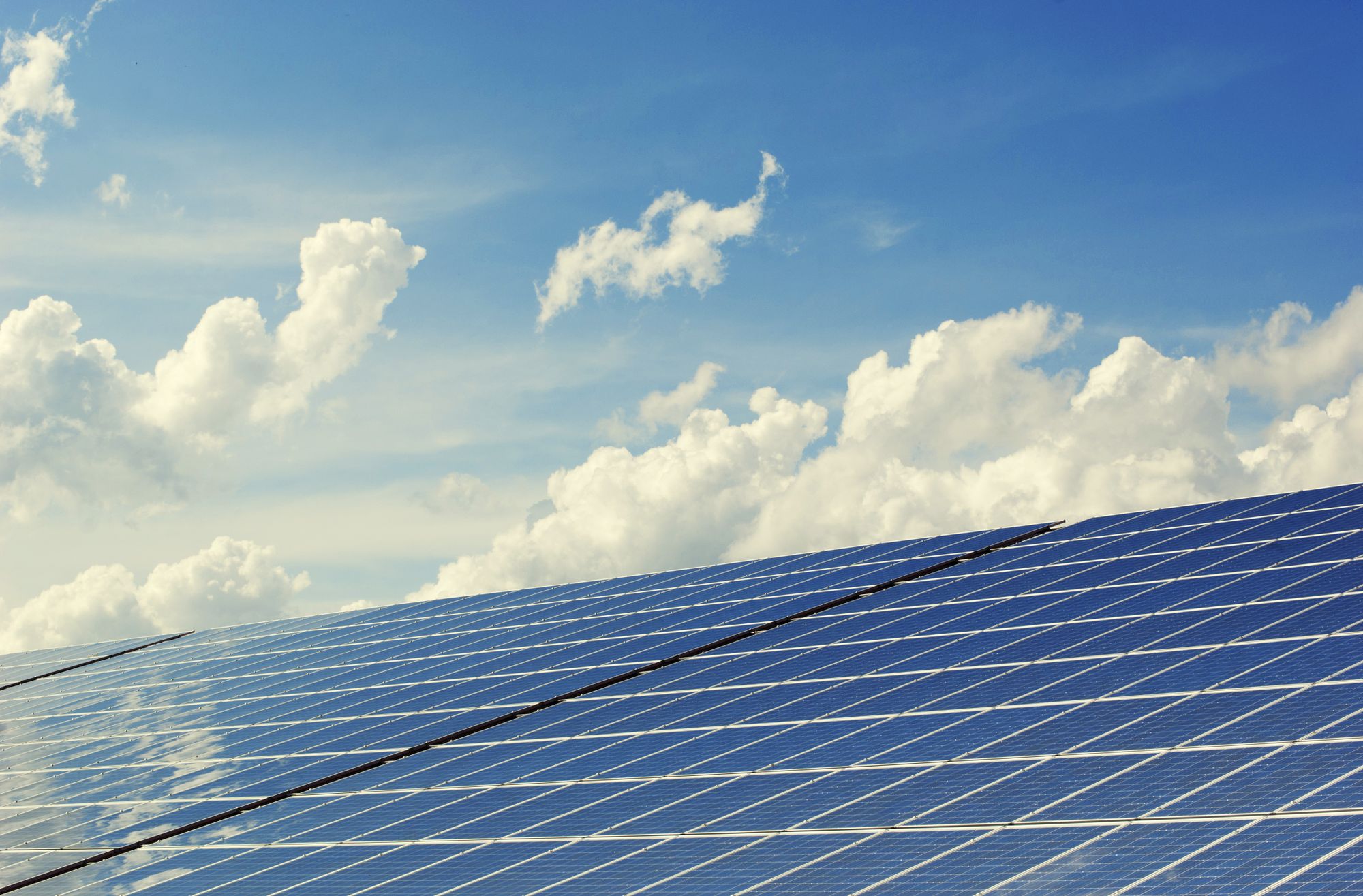 Rows of solar panels reflecting a blue sky
